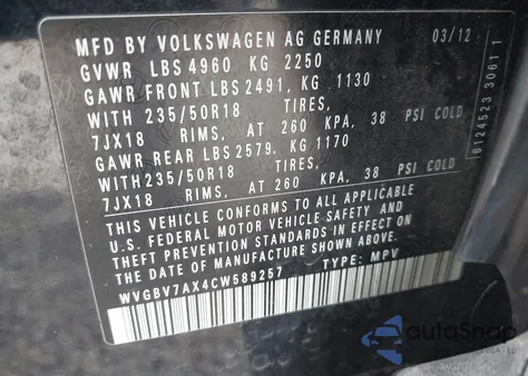 2012 Volkswagen Tiguan Se z USA, uszkodzony, nr VIN WVGBV7AX4CW589257